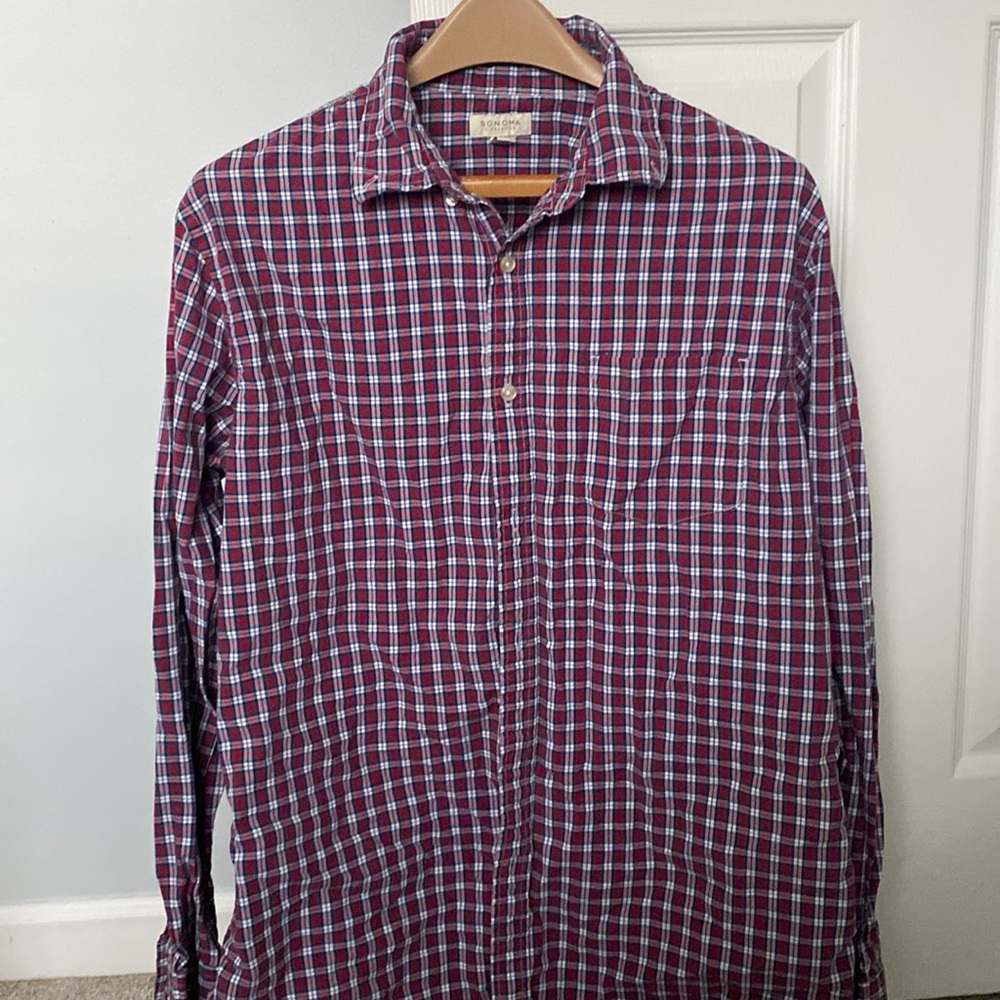 Mens large Sonoma plaid button down long sleeved shirt